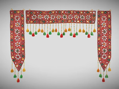 Traditional Ornate Decorative Hanging With Floral Embroidery Red Fabric And Colorful Tassels 3d model