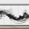 Modern Sofa Background Wall with Black White Ink Landscape Painting Lighted Frame and Red Flowers