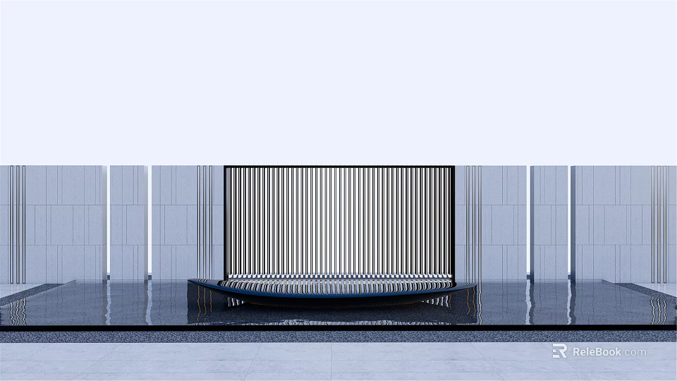 Modern Landscape Sculpture With Vertical Metal Stripes And Water Reflection Against Gray Wall Background 3d model 