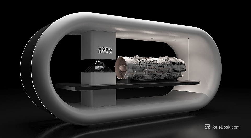 Modern Aerospace Exhibition Hall Interior Displaying Aircraft Engine On Stand 3d model 