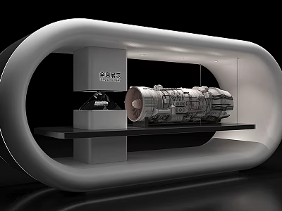 Modern Aerospace Exhibition Hall Interior Displaying Aircraft Engine On Stand 3d model