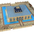 Ancient Architecture With Blue Roof Dome Symmetrical Design And Surrounding Water Pools