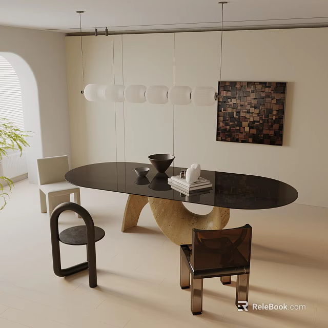 Modern Dining Table Set With Oval Black Top Wooden Base Chairs And Hanging Lights 3d model 
