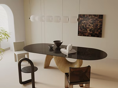 Modern Dining Table Set With Oval Black Top Wooden Base Chairs And Hanging Lights 3d model