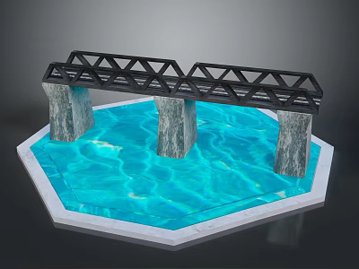 Black Truss Bridge Structure With Stone Piers Over Blue Water On Octagonal Platform 3d model