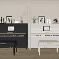 Elegant Musical Instruments And Art Supplies With Black White Upright Pianos Framed Artworks And Figurines