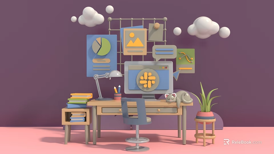 Modern Home Office Workspace with Computer Charts Books Lamp Plant and Cloud Decorations 3d model 