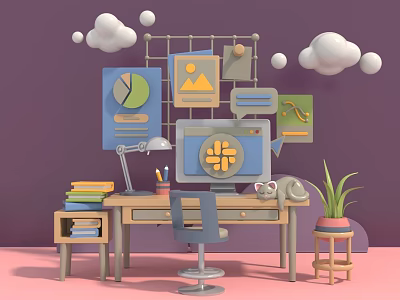 Modern Home Office Workspace with Computer Charts Books Lamp Plant and Cloud Decorations 3d model