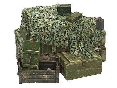 Industrial Equipment Storage Covered With Camouflage Netting Green Wooden Crates And Boxes 3d model