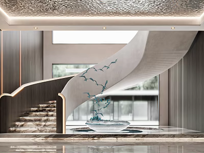 Elegant Modern Lobby With Spiral Staircase Water Feature Glass Railing And Marble Floor 3d model