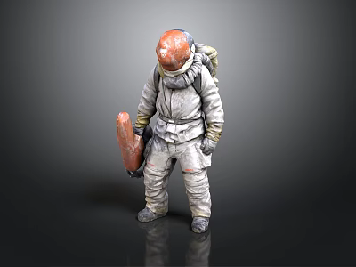3D Character Model in Protective Suit With Orange Helmet Backpack and Tool Standing Pose 3d model