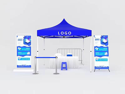 Public Facility Setup With Blue Tent LOGO Display Boards Barrier Table And Stool 3d model