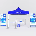 Public Facility Setup With Blue Tent LOGO Display Boards Barrier Table And Stool 3d model