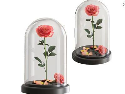 Decorative Ornament Set With Glass Dome Pink Rose And Petals On Base 3d model