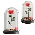 Decorative Ornament Set With Glass Dome Pink Rose And Petals On Base