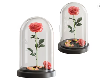 Decorative Ornament Set With Glass Dome Pink Rose And Petals On Base 3d model