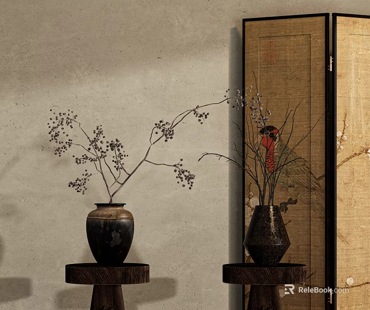 Ceramic Vases With Delicate Floral Branches On Wooden Stands By Beige Wall And Patterned Screen 3d model 