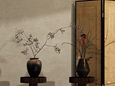 Ceramic Vases With Delicate Floral Branches On Wooden Stands By Beige Wall And Patterned Screen 3d model