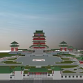 Ancient Chinese Architecture With Multi tiered Tower Green Roofs Red Walls And Symmetric Courtyard