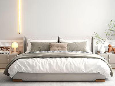 Double Bed in Modern Minimalist Bedroom with Gray White Bedding Nightstands Table Lamp Green Plant 3d model
