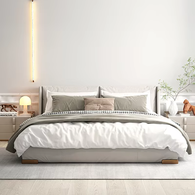 Double Bed in Modern Minimalist Bedroom with Gray White Bedding Nightstands Table Lamp Green Plant 3d model