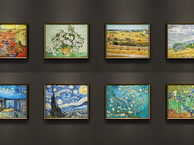 Van Gogh Oil Paintings Framed Artworks on Dark Wall with Starry Night Sunflowers and Landscapes 3d model