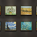 Van Gogh Oil Paintings Framed Artworks on Dark Wall with Starry Night Sunflowers and Landscapes