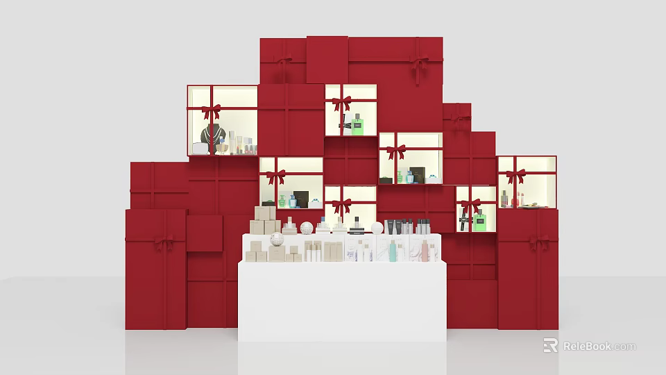 Eye Catching Window Display With Red Gift Box Structures Glass Compartments And White Counter 3d model