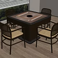 Square Entertainment Table With Circular Center And Four Rattan Back Chairs In Indoor Setting