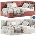 Kids Bed With Upholstered Headboard Soft Pillows And Cozy Blankets In Pastel Colors