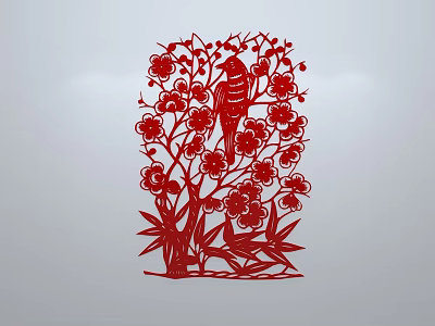 Red Decorative Lattice Window Featuring Plum Blossoms Bamboo and Bird Patterns 3d model
