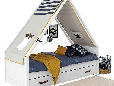Teepee Style Kids Bed With White Frame Blue Mattress Yellow Blanket And Storage Drawers 3d model