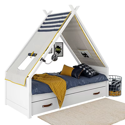 Teepee Style Kids Bed With White Frame Blue Mattress Yellow Blanket And Storage Drawers 3d model