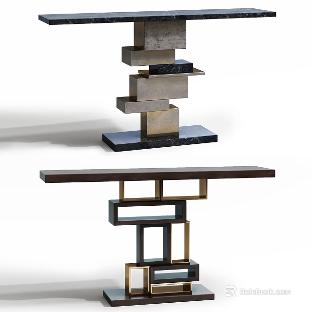 Elegant Modern Console Table With Layered Geometric Design Metal Frame And Marble Top 3d model 