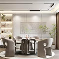 Modern Minimalist Restaurant Interior With Round Dining Table Chairs And Decorative Plants