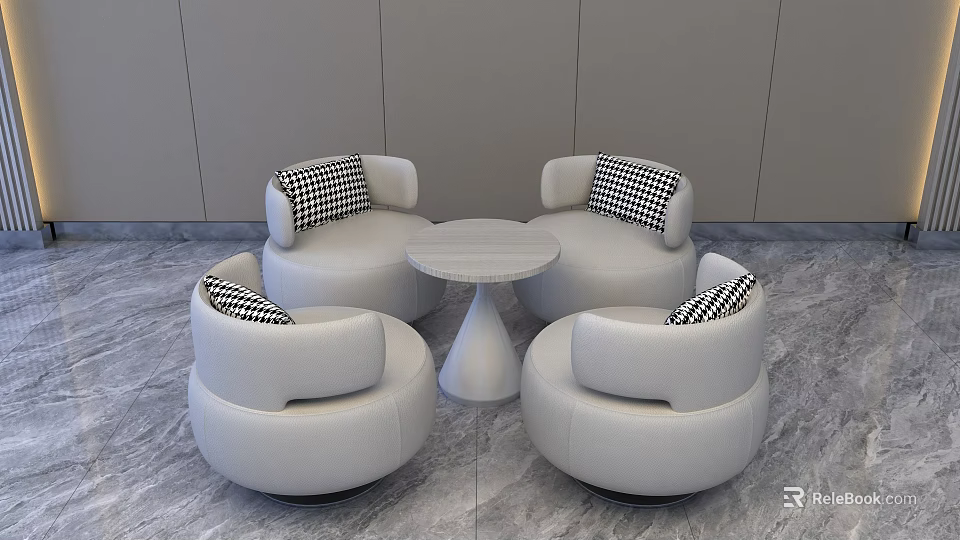 Round White Single Sofa With Black And White Checkered Cushions And Round Small Coffee Table 3d model 