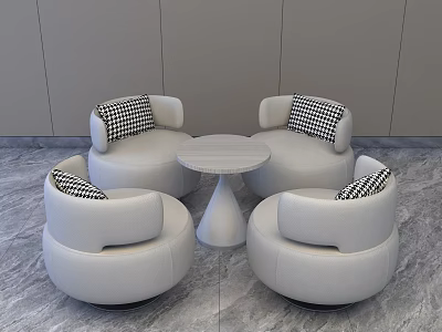 Round White Single Sofa With Black And White Checkered Cushions And Round Small Coffee Table 3d model