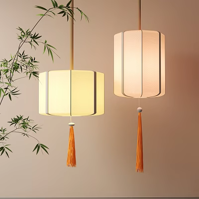 Modern Lanterns with Light-Colored Shades Striped Details and Orange Tassels Beside Bamboo Branches Indoor Decor 3d model