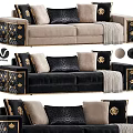 Leisure Sofa Set Beige and Black with Decorative Pillows Gold Accented Legs and Throw Blanket