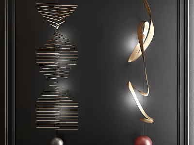 Modern Spiral And Curved Gold Metal Chandeliers With Silver Red Spheres On Black Wall 3d model