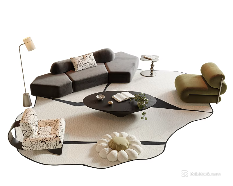 Modern Gray L shaped Sofa and Coffee Table Set with Green Armchair Floor Lamp and Rug 3d model 