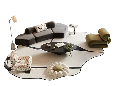 Modern Gray L shaped Sofa and Coffee Table Set with Green Armchair Floor Lamp and Rug 3d model