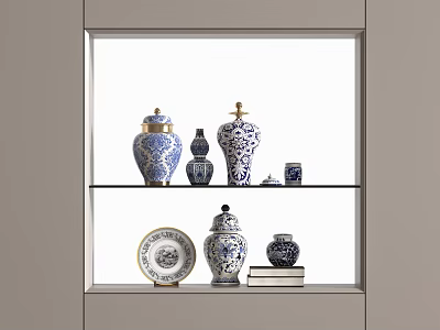 Decorative Blue and White Ceramic Vessels of Various Sizes on Display Shelf 3d model