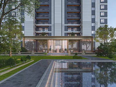 Modern High Rise Residential Building Entrance Gate With Glass Facade And Landscaped Garden 3d model