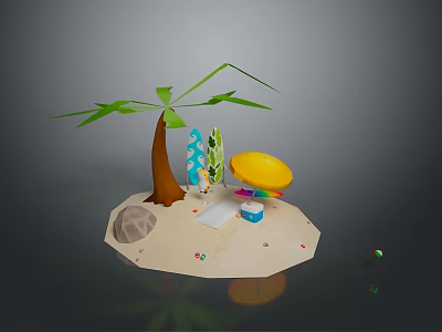Tropical Beach Landscape With Palm Tree Surfboard Yellow Umbrella And Sand 3d model