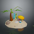 Tropical Beach Landscape With Palm Tree Surfboard Yellow Umbrella And Sand