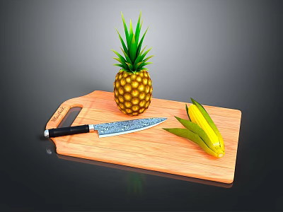 Wooden Cutting Board With Fresh Pineapple Sharp Knife And Corn Ears 3d model