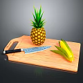Wooden Cutting Board With Fresh Pineapple Sharp Knife And Corn Ears