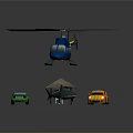 Toy Scene with Blue Helicopter Colorful Cars Small Tent and Shark Model on Wooden Board