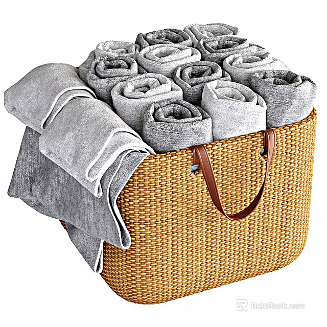 Woven Brown Storage Basket for Home Organizing with Handle and Rolled Gray Towels 3d model 